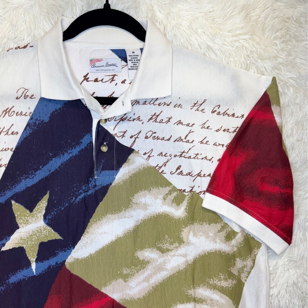 American Summer Texas Flag & Script Polo Red White Blue Mens Medium Patriotic